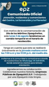 EPZ modifica temporalmente el horario de recolección de residuos en tres sectores de Zipaquirá