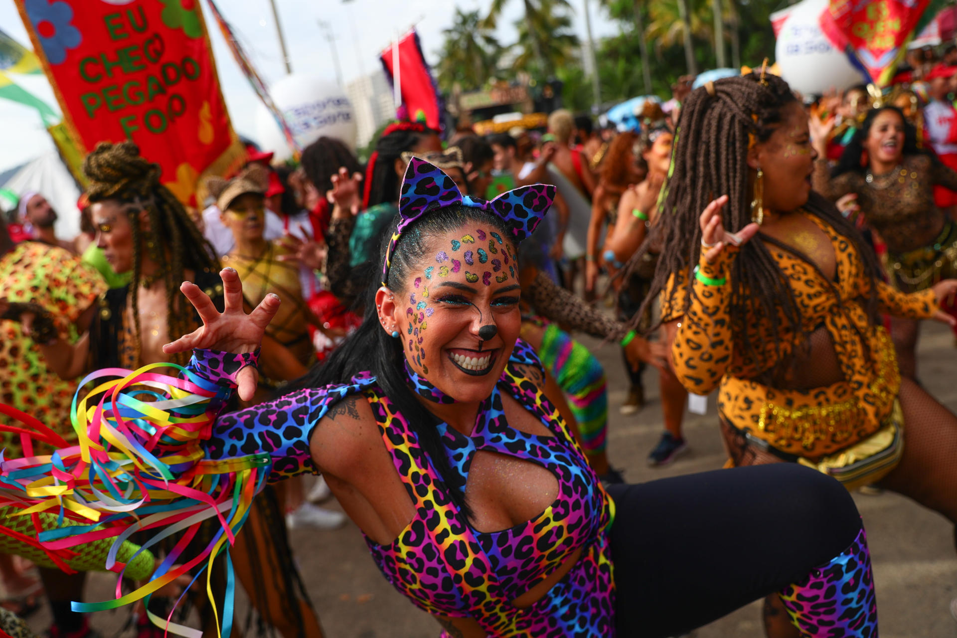 Desfile de la comparsa callejera de carnaval Amigos da Onça